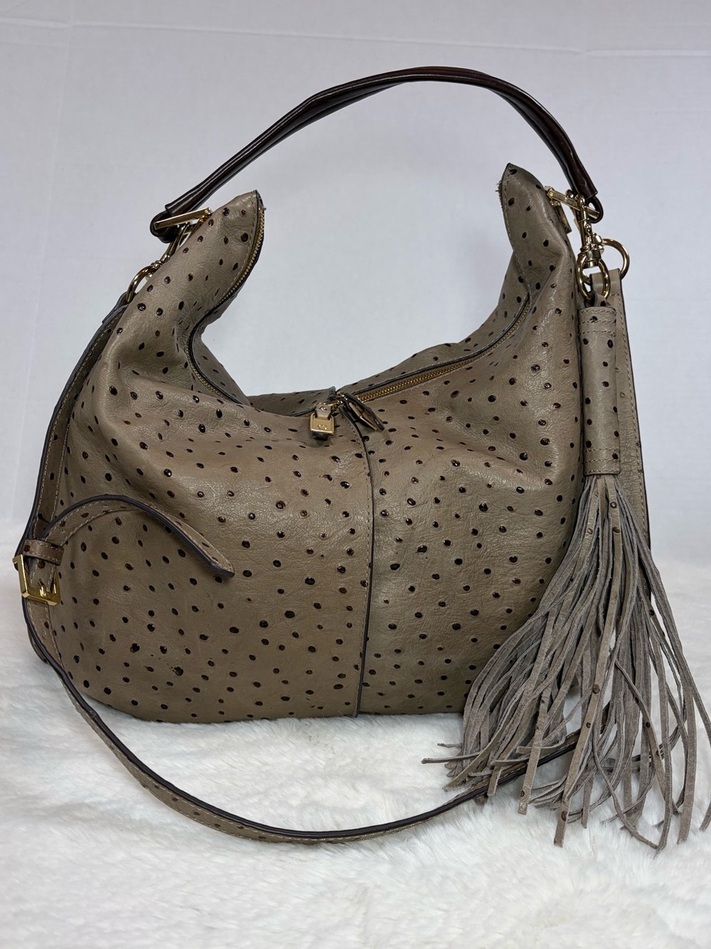 GILLI Genuine Leather Ostrich Embossed Hobo Bag Tassel Crossbody Strap Purse Tan